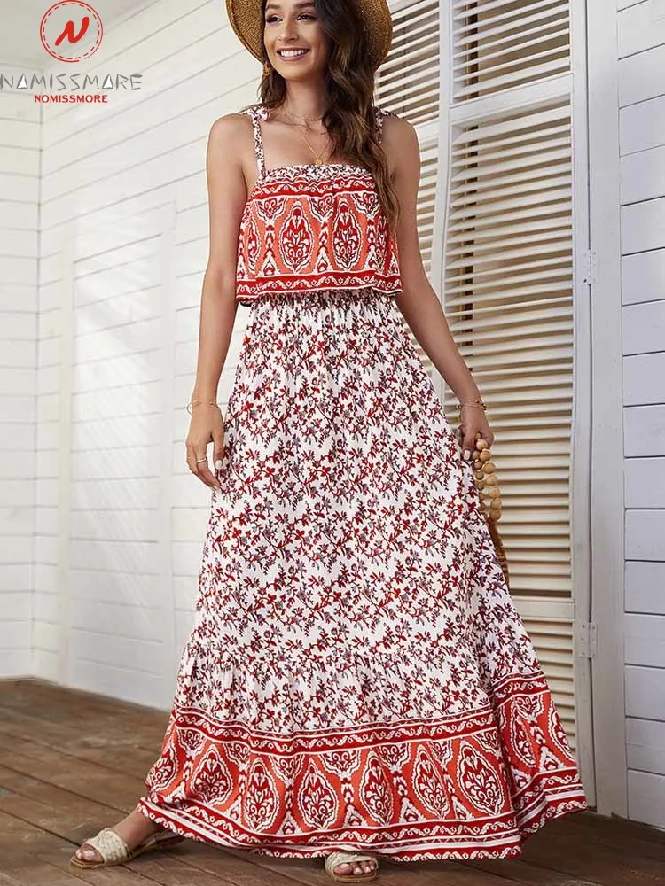 

Beach Style Women Summer Print A-Line Dress Patchwork Design Bandage Decor Sling Sleeveless Backless Elastic Waist Slim Dress