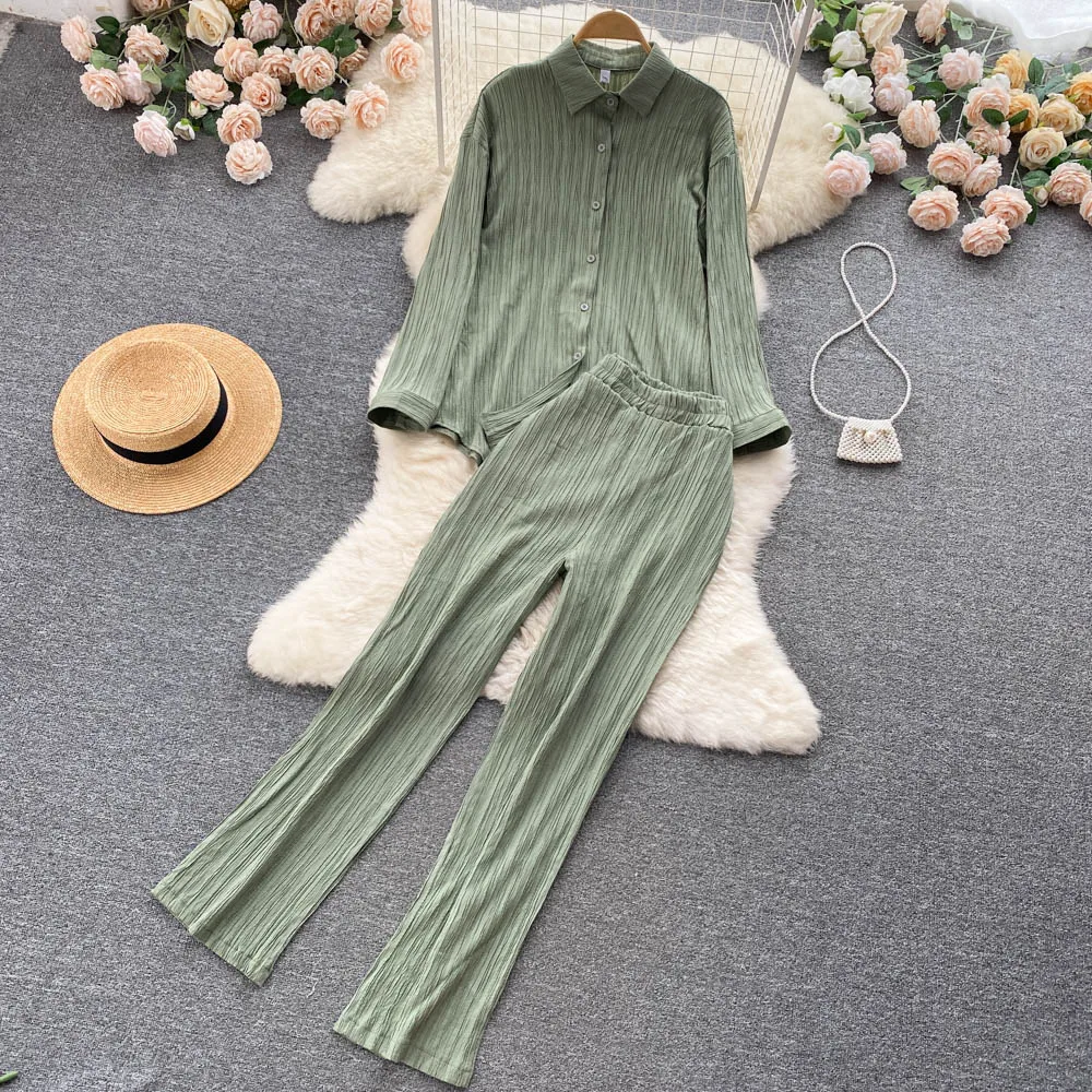 New Spring Autumn Women Casual Sets Fashion Long Sleeve Loose Long Shirt And High Waist Long Pants Two Piece Set
