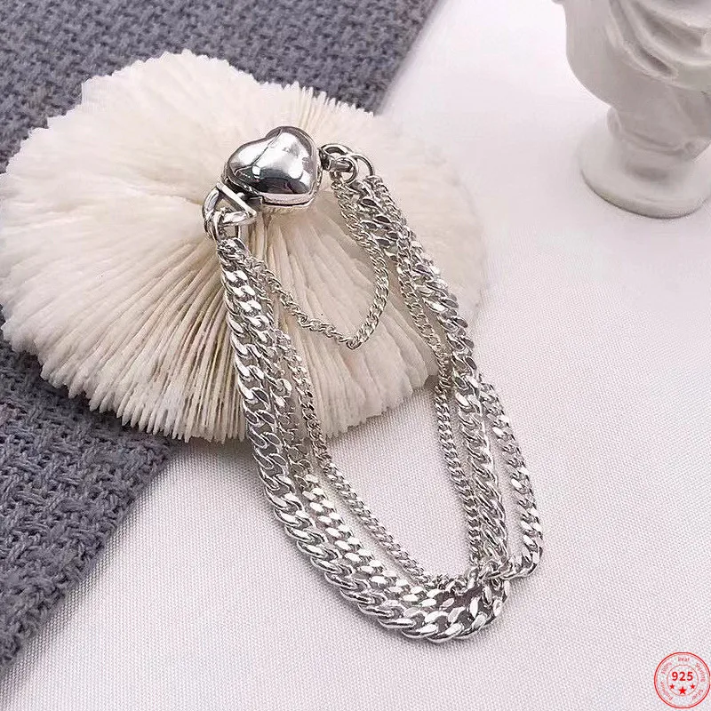 

S925 Sterling Silver Charm Bracelets 2022 New Fashion Peach Heart Flat-chain Splicing Argentum Hand Jewelry for Women Lover
