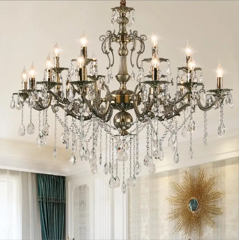 

French Crystal Chandelier Bronze Copper Crystal Pendant Lamp D60cm H68cm Candle Living Room Lights Lampshades For Hanging Lamps