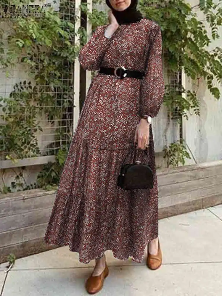

Women Casual Long Sleeve O Neck Dubai Turkey Dress 2022 Fashion Bohemian Printed Muslim Sundress ZANZEA Elegant Floral Marocan