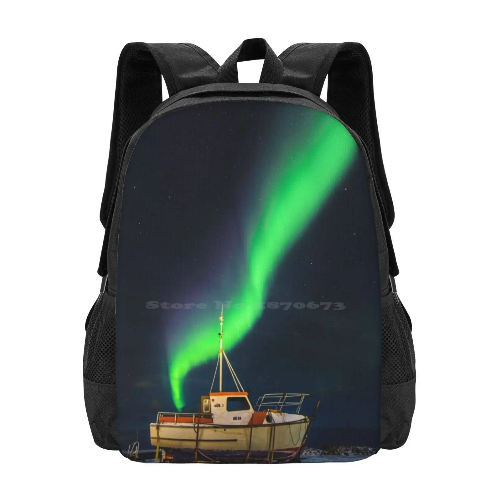 On Dry Land School Bag Big Capacity Backpack Laptop Aurora Boat Iceland Kopavogur Night Shot Night Sky Nikon D7000 Northern