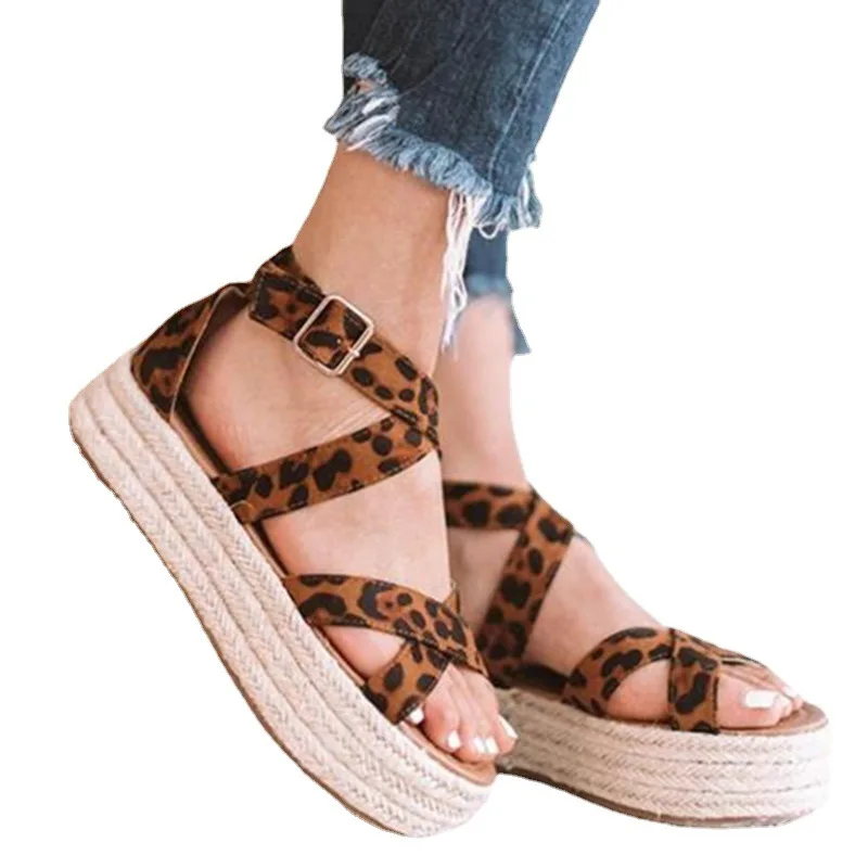 

Women's Summer Flat Beach Sandals Ladies Strap Ankle Buckle Platform Wedges Woven Leopard Sandals Roman Shoes Female Sandals