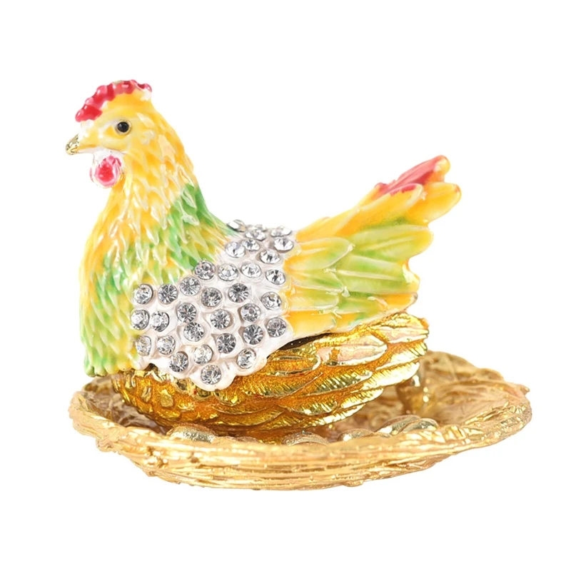

Hen Figurine Hinged Trinket Box Inlaid Rhinestone Crystal Unique Gift for Home Decor Hand-plated Enameled Jewelry Box
