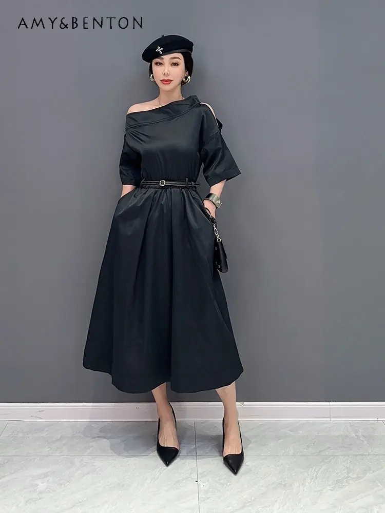 Short Sleeve Black Mid-Length Dress 2023 Spring New Korean Style Fashion Shoulder-Baring Slimming Waist Dress Women's Clothing