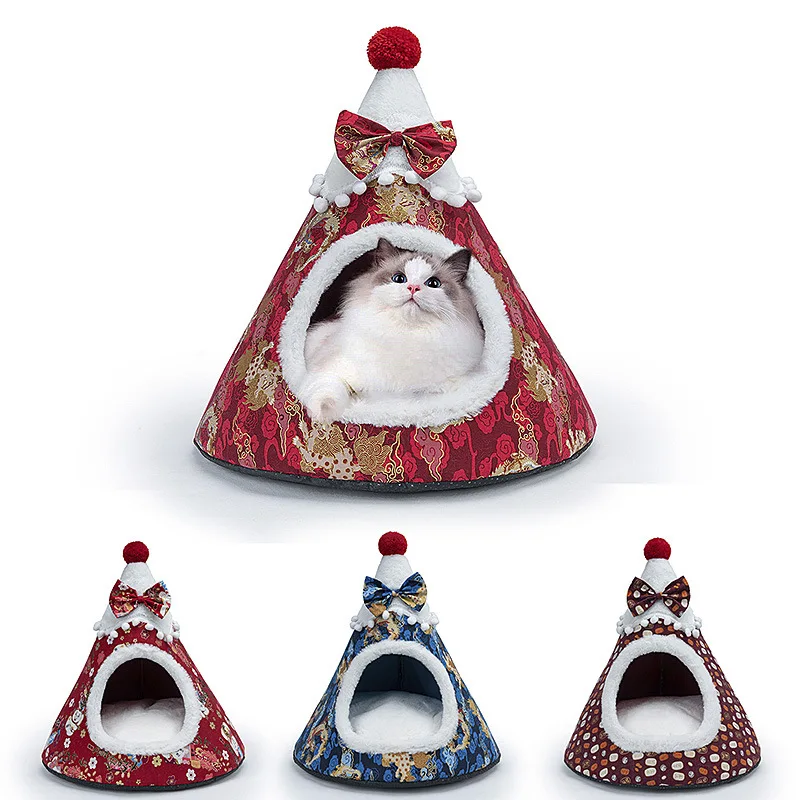 

Santa Hat Shaped Cat Litter Cat Bed House Washable Cat Mat Sponge Kennel Winter Warm Pet Kennel Tent Pet Beds Pet Accessories