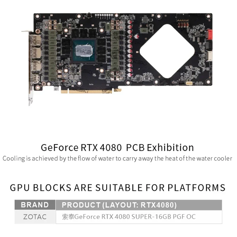 Фото Водоблок Bykski N-ST4080SPGF-X для видеокарты Zotac GeForce RTX 4080 SUPER-16GB PGF OC, медный кулер с RGB-подсветкой №2