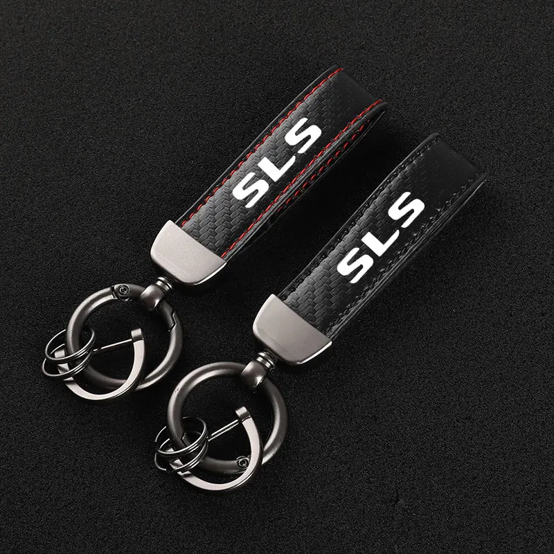 

Carbon Fiber Leather Keychain Car Logo Custom Key Ring With Horseshoe Buckle For Mercedes Benz SLS Styling Accessories