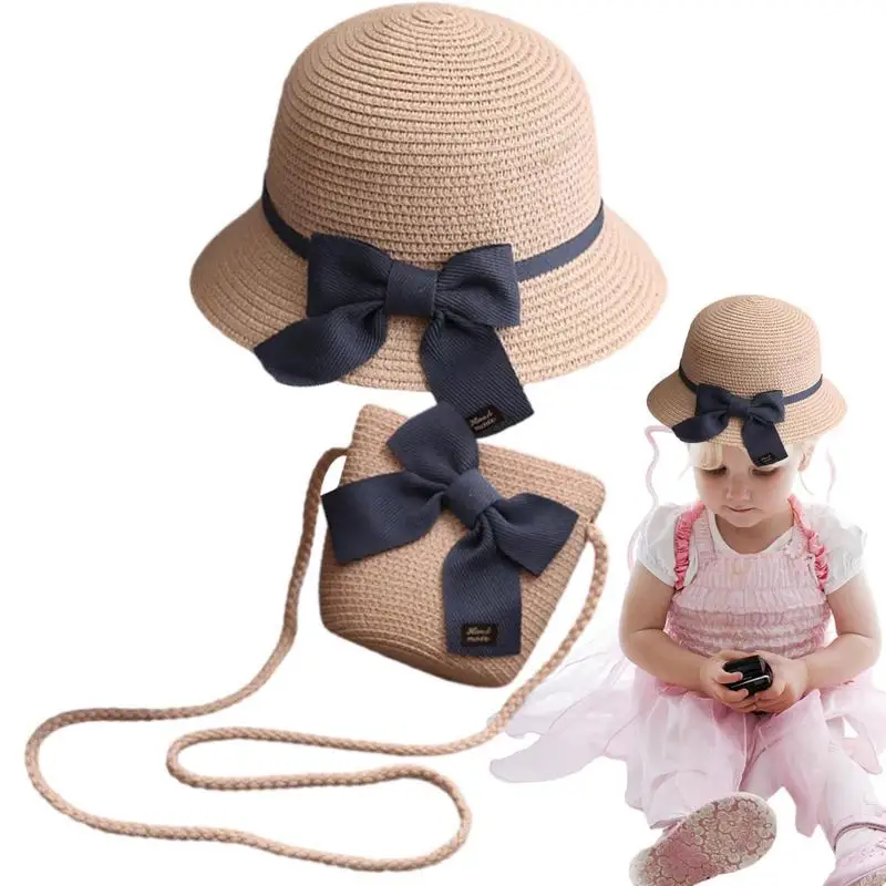 

Соломенная шляпа и кошелек для девочек, соломенный Воздухопроницаемый чехол с бантом и кошельком для маленьких девочек, шляпа от солнца, летняя соломенная шляпа