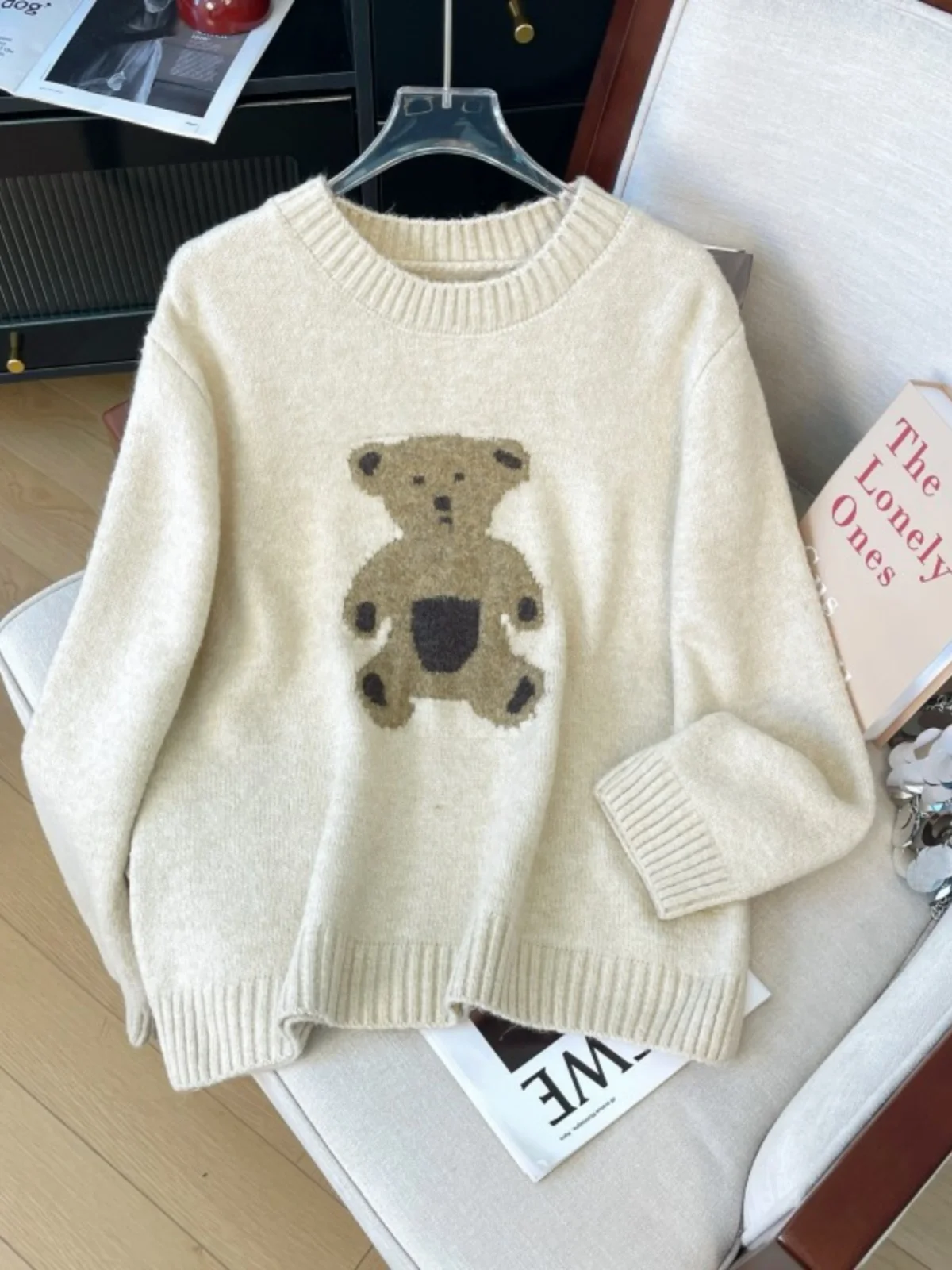 Большой размер Idle Sle Milk Fufu Bear Красный свитер для женщин 2024 Осень и зима Плюс Пухлая