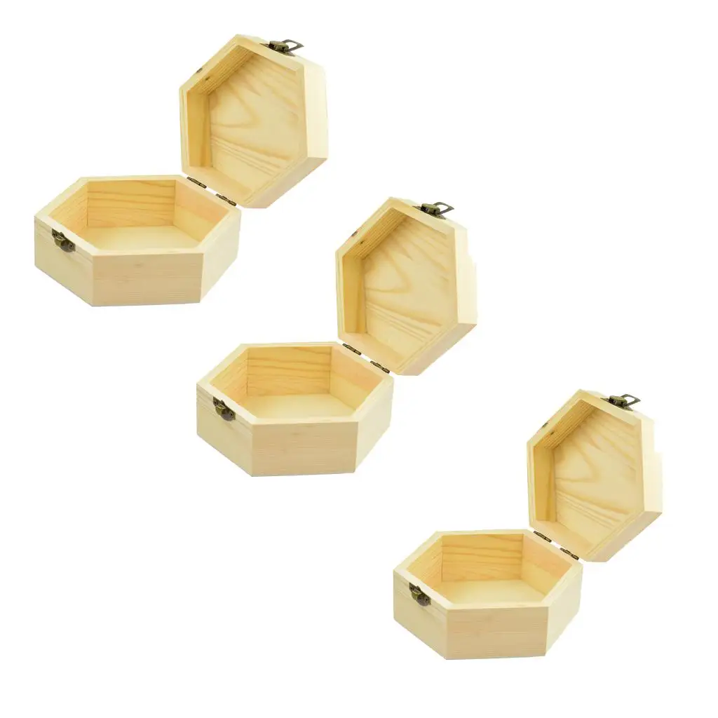 

3Pcs L M S Hexagon Wooden Jewelry Box Memorial Storage Case for Adult Child