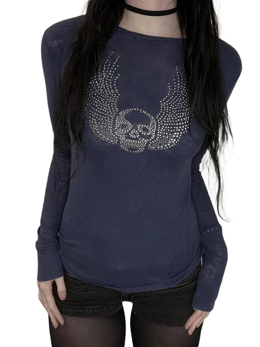 

Женская Винтажная футболка с длинным рукавом и графическим рисунком, футболка в стиле панк с черепом, повседневные приталенные рубашки, Y2k б...