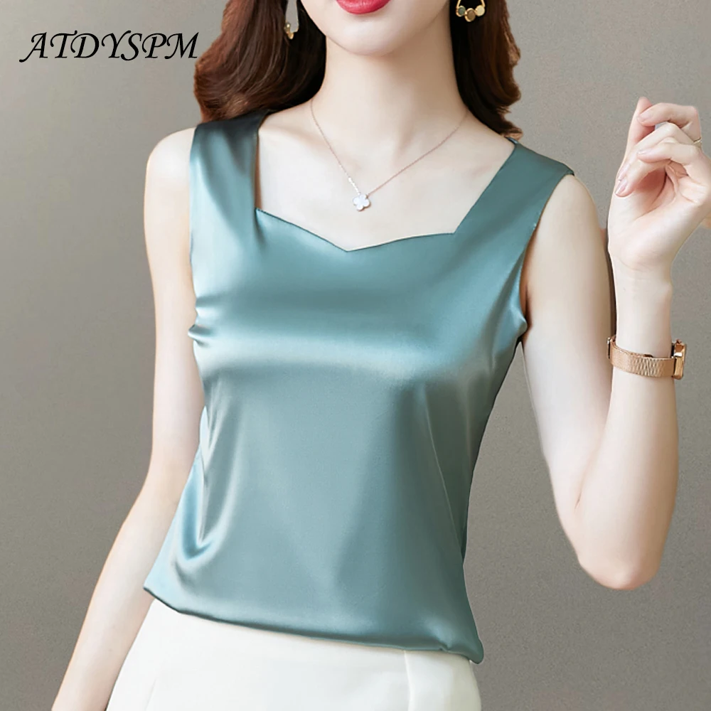 

Korean Fashion Summer Silk Tank Tops Women Office Lady Solid Satin Camisole Vest Female Casual Loose Basic Tops For Women