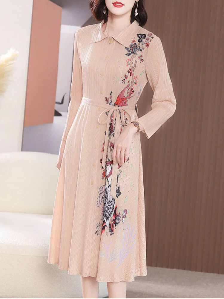 

GVUW Vintage Pleated Dress Women Long Sleeve Single Breasted Floral Print Belt Mid-length Dresses Female Fashion Elegant 17G0935