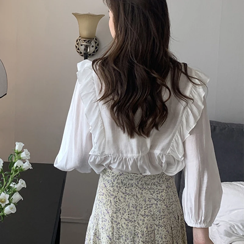 Fashion V-Neck Ruffled Women's Shirt Loose Elegant Butterfly Sleeve Ladies Top Casual Long Sleeve Women's Blouse Spring New images - 6