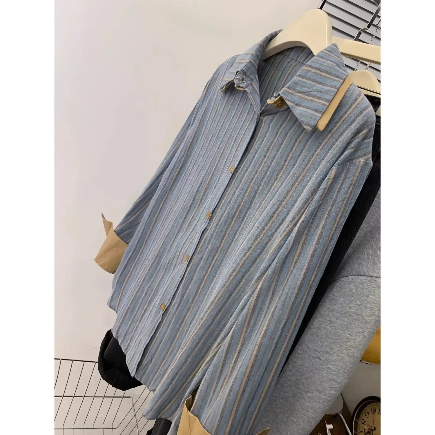 Рубашка женская летняя в синюю полоску маленькая блузка с длинным рукавом