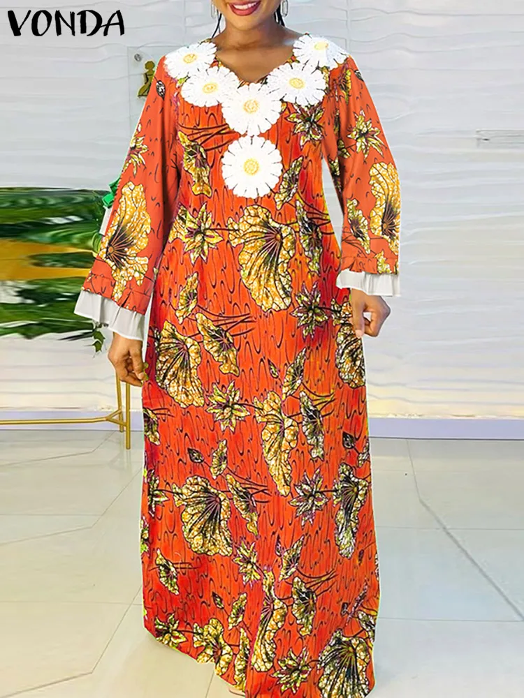 

VONDA осеннее платье богемное праздничное Макси-платье для женщин 2023 сексуальное платье с V-образным вырезом и цветочным принтом с длинным рукавом повседневное свободное женское платье