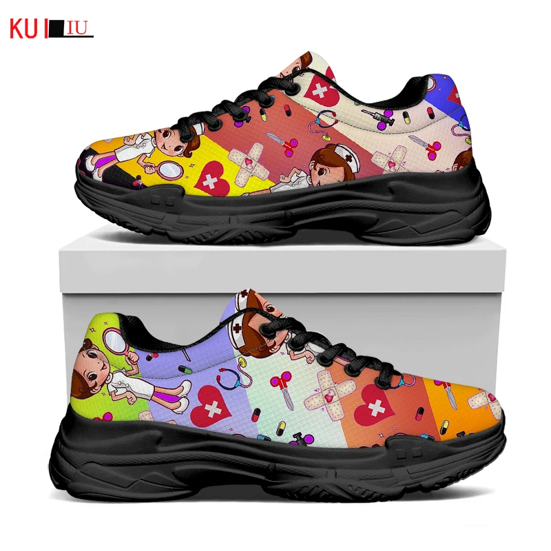

KUILIU Color Nurse Cartoon Fashion Women Increasing Platform Shoes Casual Lady Breathable Mesh Sneaker Flat Paris Brand Designer