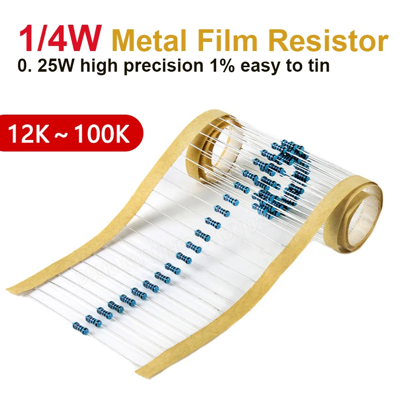 

100Pcs 0.25W Resistors 1/4W Metal Film Resistors 12K 13K 15K 18K 20K 33K 43K 51K 62K 75K 82K 91K 100K Ohm Electronic Resistors