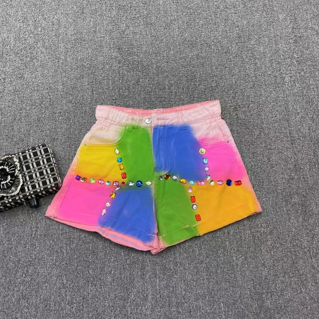 2023 Summer New Design Short Pants Heavy Industry Graffiti Beaded Colorful Crystals Gradient Color A Version Denim Shorts Women
