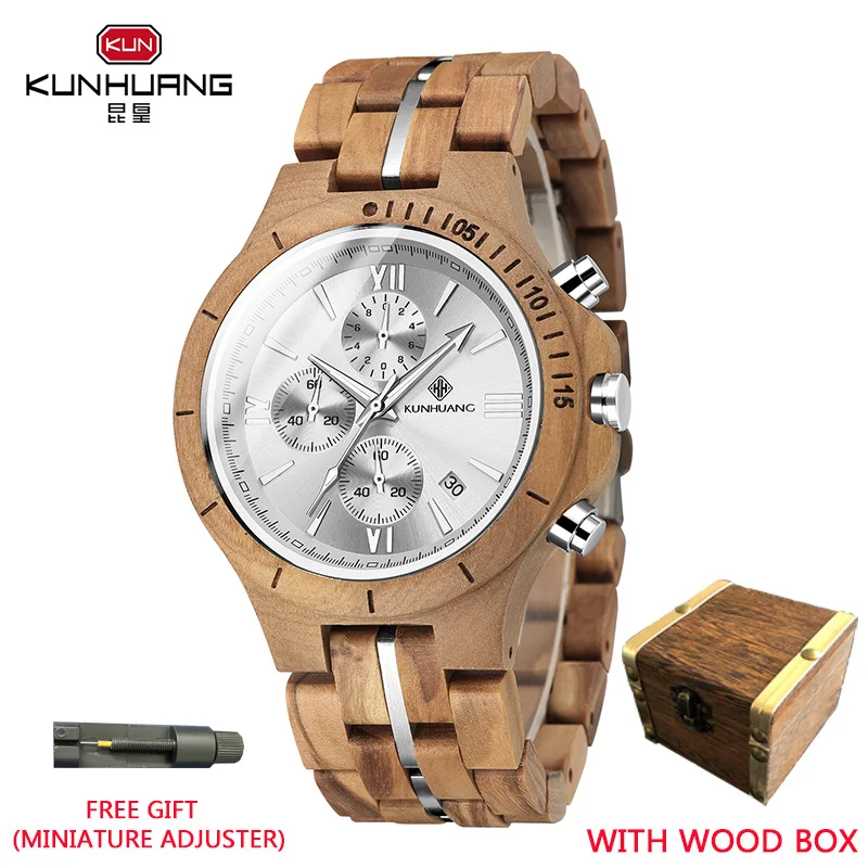

Высококачественные мужские часы KUNHUANG, Часы Из Натурального ореха и дерева, многофункциональные кварцевые часы, роскошная деревянная Подарочная коробка, мужские часы