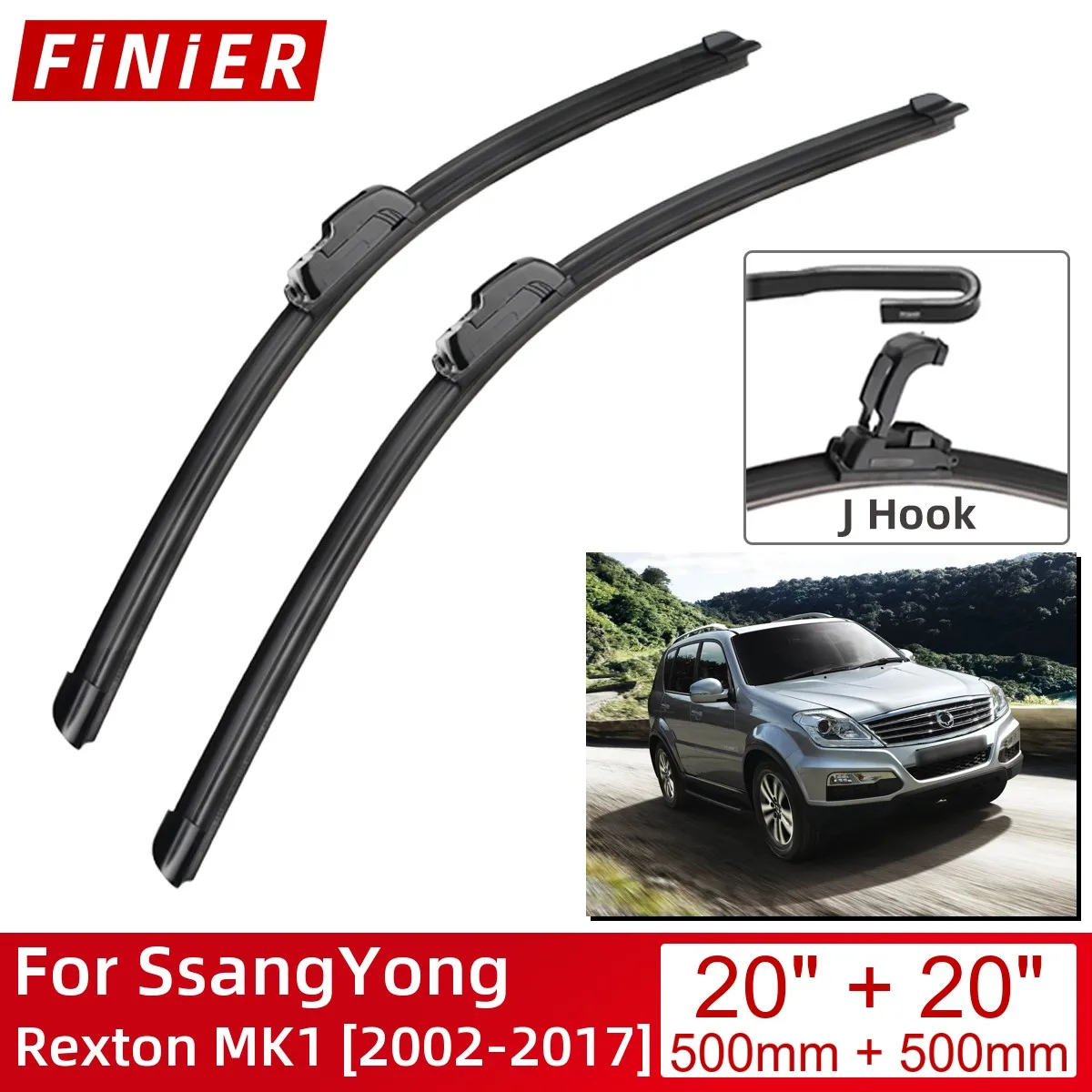 

Щетки стеклоочистителя переднего стекла для SsangYong Rexton MK1, 2002-2017, 20 дюймов + 20 дюймов, J-образные крючки 2017 2016