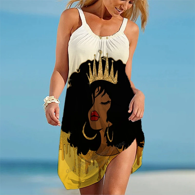 

Cute Girls Dress Summer Bohemian Beach Dress Women Fashion Midi Sleeveless Strap African Women Dress Party Evening Sexy Sundress