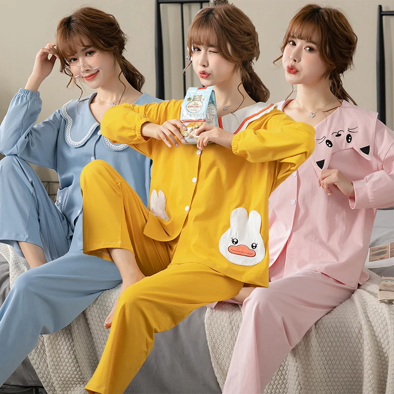

2022 Spring Autumn Long Sleeve Cotton Pajama Sets Women Korean Cute Cartoon Sleepwear Suit Pyjamas Homewear Pijama Mujer Clothes