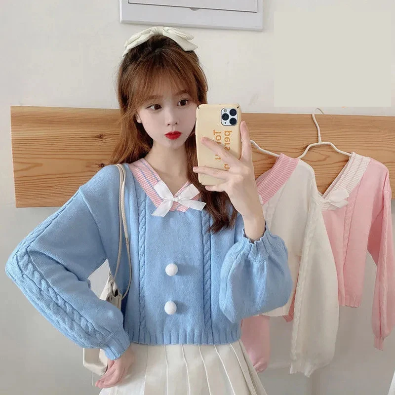 

Bow-Knot Female V-Neck Loose Contrast Color Knitted Sweater Kawaii Korean Version Lazy Style Sweater Women'S Clothing Outer Wear