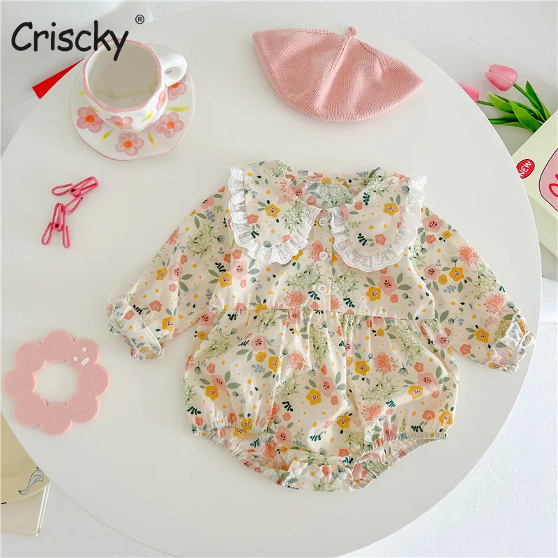 

Criscky 2022 Autumn Infant Baby Girls Romper Cotton Full Sleeve Floral Peter Pan Collar Jumpsuit Toddler Baby Girl Clothes