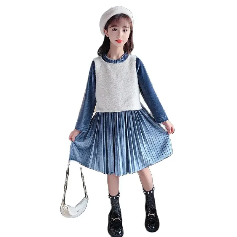 

2022 Spring Fashion New Girls Plush Sleeveless Pullover+ Long Sleeve Pleated Skirt 2pcs Outfit Teens Kids Solid Color Dress Suit