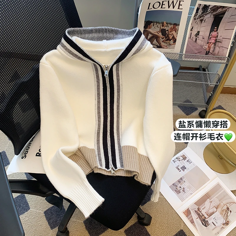 

Vintage Y2K Hooded Sweaters Women Autumn Winter Long Sleeve Zip Up Jacket Cardigan Knitted Hoodies Cropped Cardigan