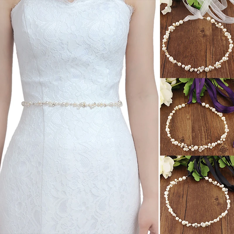 Elegant Skinny Pearl Wedding Sash Belt Silver Golden Crystal Bridal Belt Handmade Wedding Thin Pearls Beading Waist Belt