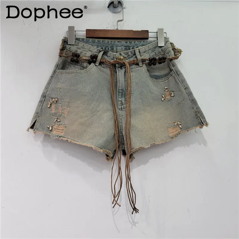 

Retro Exquisite Rhinestone Denim Shorts For Women's 2023 Summer New High Waist Slimming Holes Frayed A-line Booty Pants Jeans