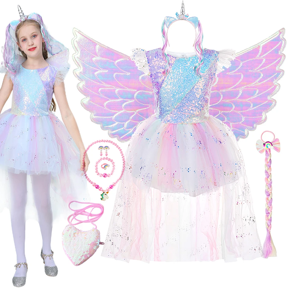 

Girl Unicorn Dress With Wings Kids Halloween Cosplay Outfits Children Cartoon Unicorn Costume Rainbow Sequins Princess Clothes