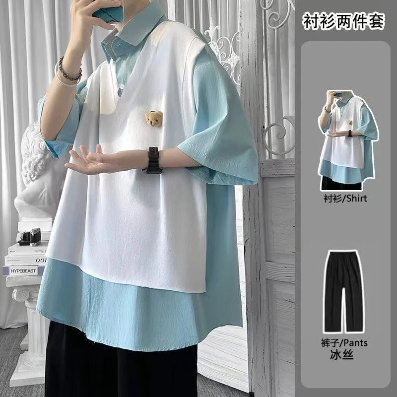 

2022 Men's Little Bear Decorate Short Sleeve T-shirt DK Uniform Casual Pants Streetwear Male Trend Suit Trendy Mens Sets M-3XL