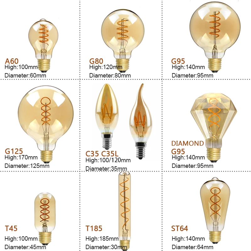 Retro LED Spiral Filament Light Bulb E14 E27 Vintage 220V 4W C35 A60 T45 ST64 G80 G95 G125 Led Lighting Edison Lamp |