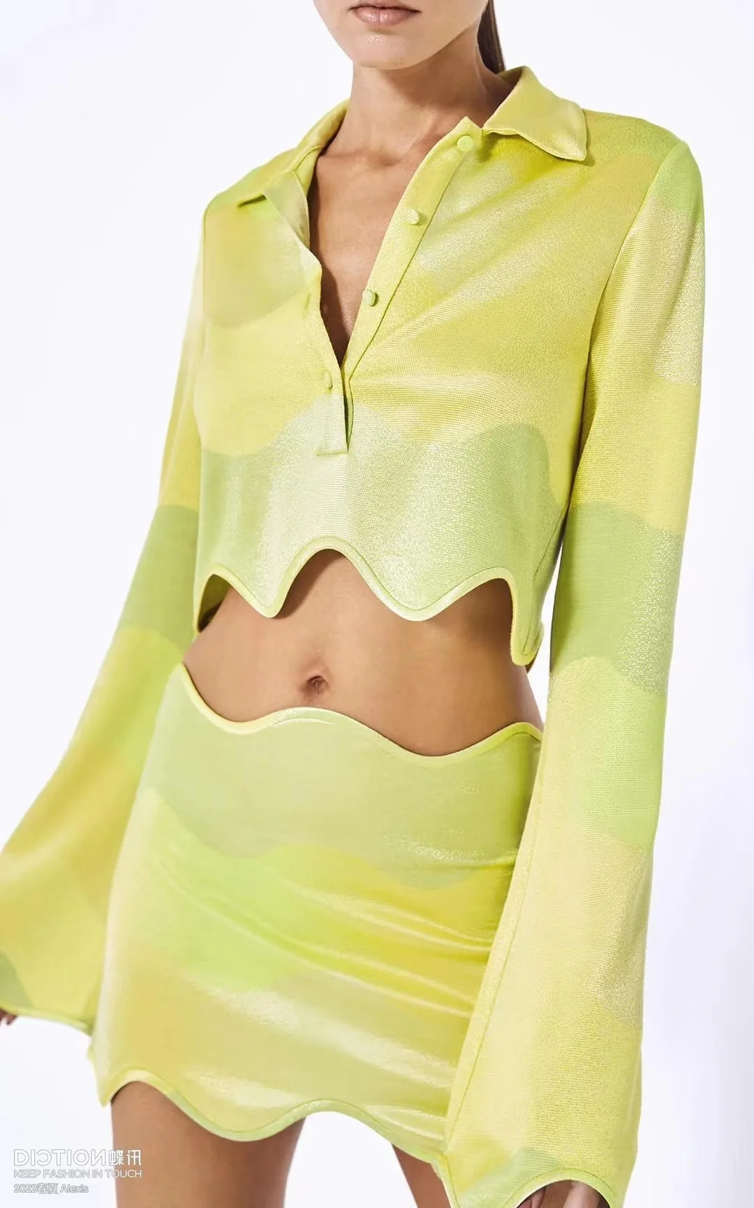 

Women Gradient Wave Cut Turn-down Collar Long Sleeve Shirt Top Or Skirt