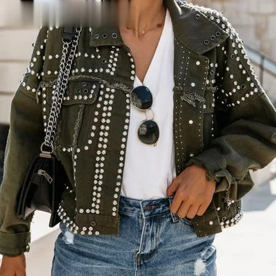 

Studded Denim Jacket 2022 Autumn Loose Outwear New Students Casual Short Jeans Coats Jacket Women Outwear