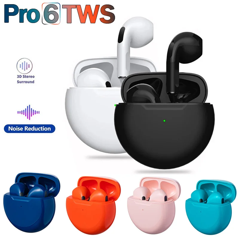 

Беспроводные Bluetooth наушники Pro 6 TWS для телефона IPhone Xiaomi с микрофоном, наушники для музыки, спортивные наушники, наушники для бега
