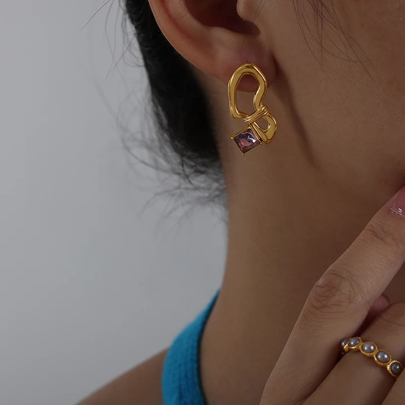 

Stainless Steel Earrings for Women Punk Irregular Gold Plated Earrings Purple Glass Fashion Jewelry Accessories Girl Party Gift