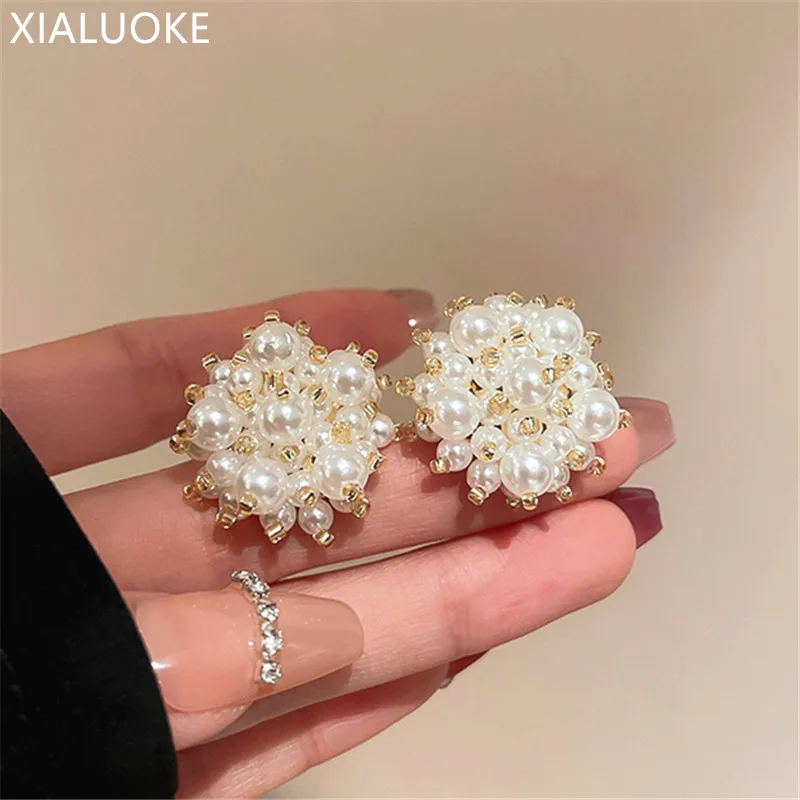 

XIALUOKE корейские модные ручной работы из бисера жемчужные хрустальные серьги-гвоздики с цветами для женщин и девушек вечерние свадебные ювел...