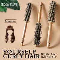natural boar bristle rolling brush barber hair roller wood hair brush round barrel hair comb for women curly hair hairdressing