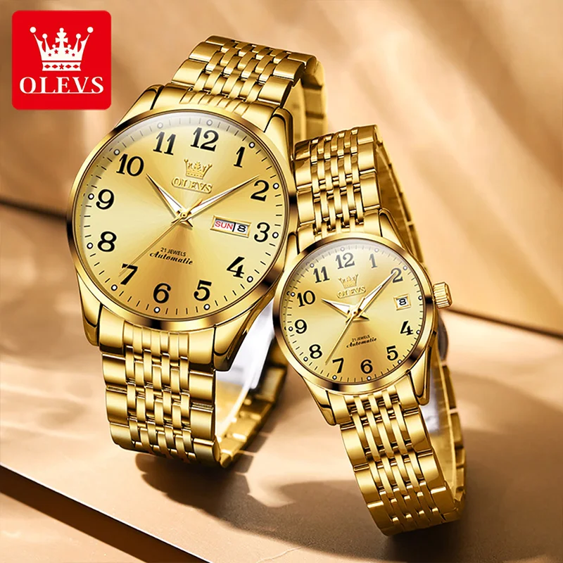 OLEVS 2022 Luxury Fashion Couple Calendar Week Display Stainless Steel Strap Watches Luminous Waterproof Mechanical Watch 6666