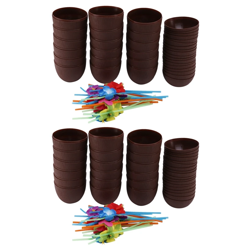 

36 Pack Coconut Cups For Hawaiian Luau Kids Party With Hibiscus Flower Straws - Tiki And Beach Theme Party Fun Drink