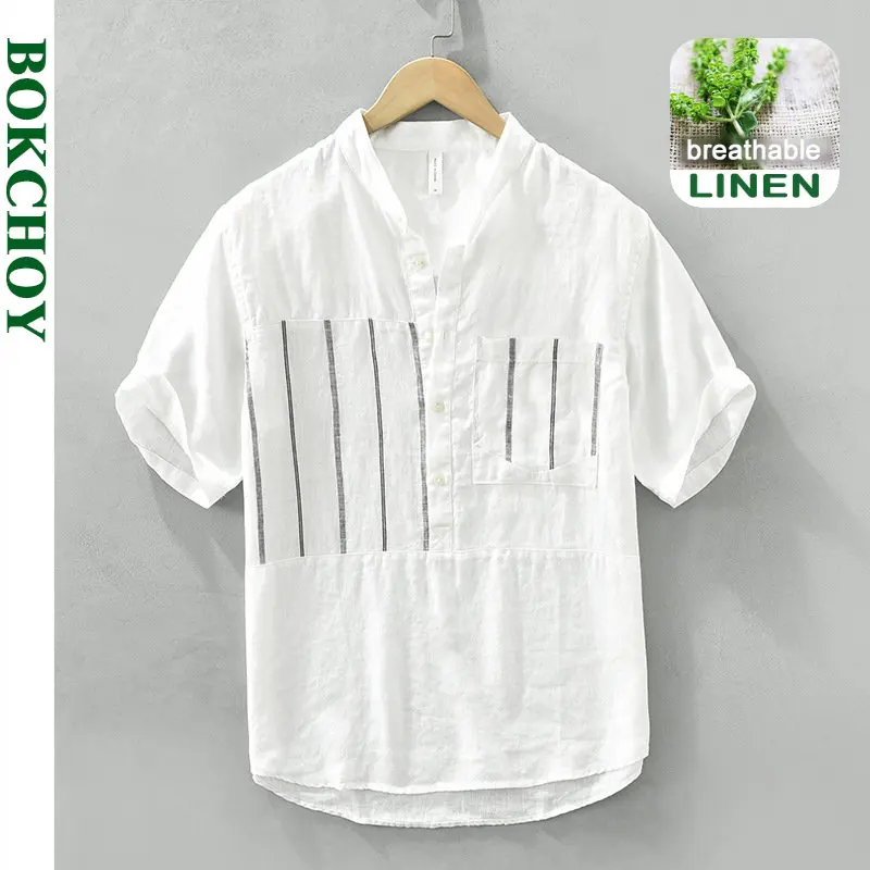 

2023 Summer New Striped Casual Shirt for Men Clothing Breathable Pure Linen Short Sleeve Streetwear C3706