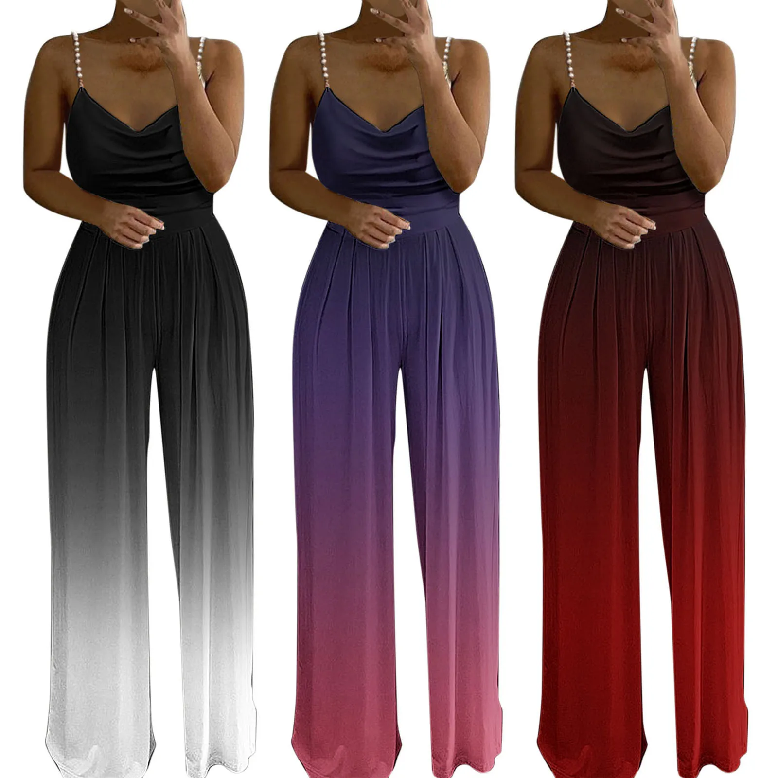 

Summer Jumpsuit Women 2022 Trend Gradient Print Strap Jumpsuits Sexy Chic Pearl Suspender High Waist Lady Rompers Wide Leg Pants