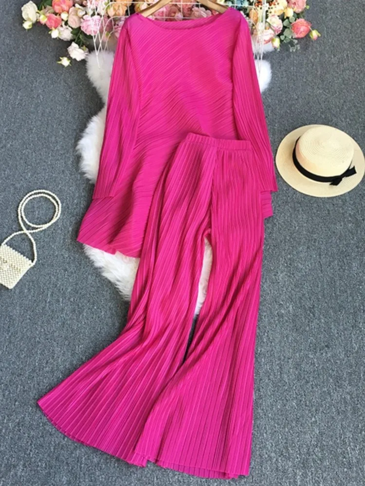 

Autumn Women Solid Knitted Tracksuit Pullover Casual Loose Blouses Wide Leg Pants 2 Pieces Set Female Pleated Trousers Sweatsuit