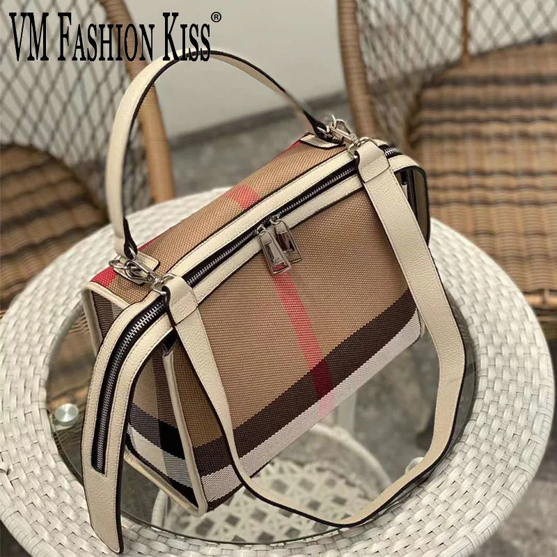 

VM FASHION KISS Cowhide+canvas Women Hand Bag Woman Retro Striped Shoulder Bag NO LOGO Luxury 2022 Trend Check Zipper Tote Bags