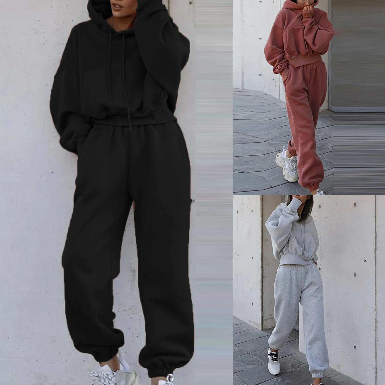 

Autumn Winter Women Long Sleeve Pullover Pants Solid Color Hooded Sweater Baggy Pants Elastic Waisted Loose Fit Sportswear